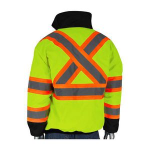 Bomber Jacket, 2-Tone Insulated X-Back, Series: 333-1745X-LY, Unisex, 2XL, Black/Hi-Viz Lime Yellow, 300D Polyester, 63 in Chest, 32 in Length, Zipper with Storm Flap Closure, 6 Pockets, Resists: Water, ANSI 107 Type R Class 3 Specifications Met