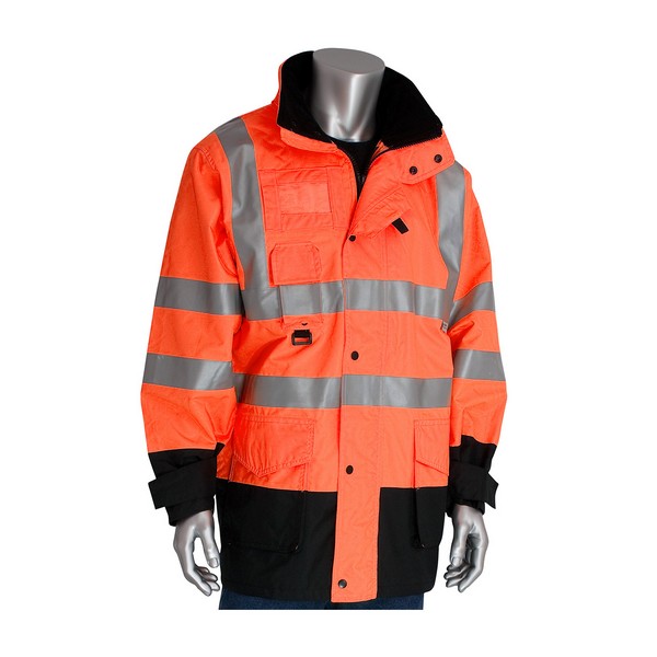 Winter Coat, 7-in-1 All Condition, Unisex, 4XL, Hi-Viz Orange, Polyester, 67.3 in Chest, 37 in Length, 190 gsm Fabric Weight, Zipper Closure, 11 Pockets, Resists: Water
