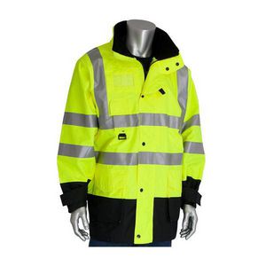All Condition Coat, 7-in-1 Heavy Duty Insulated Reversible, Series: 343-1756-YEL, Unisex, S, Hi-Viz Lime Yellow, Polyester, 48 in Chest, 34-1/2 in Length, 190 GSM Fabric Weight, 2-Way Zipper with Storm Flap Closure, 11 Pockets, Resists: Water, ANSI 107 Type R Class 3 Specifications Met