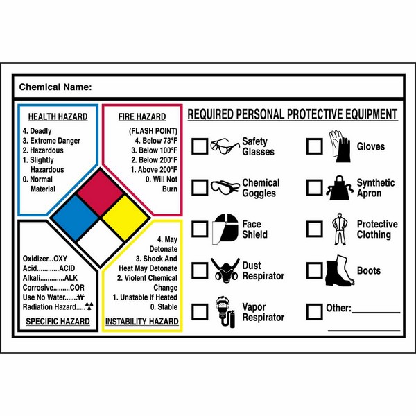 Write-On NFPA Label, Non-Reflective Rectangular Self-Adhesive, 7 in Width, Legend: CHEMICAL NAME HEALTH HAZARD SPECIFIC HAZARD FIRE HAZARD INSTABILITY HAZARD REQUIRED PERSONAL PROTECTIVE EQUIPMENT, Black/Blue/Red/Yellow on White Legend/Background, B-946 Adhesive Vinyl Film, 1 per Pack Labels