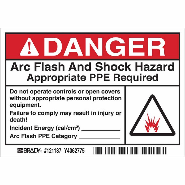 Write-On Arc Flash Label, Non-Laminated Non-Reflective Rectangular Self-Adhesive, 5 in Width, Black/Red/White on White Legend/Background, B-7569 Adhesive Vinyl Film, 100 per Roll Labels
