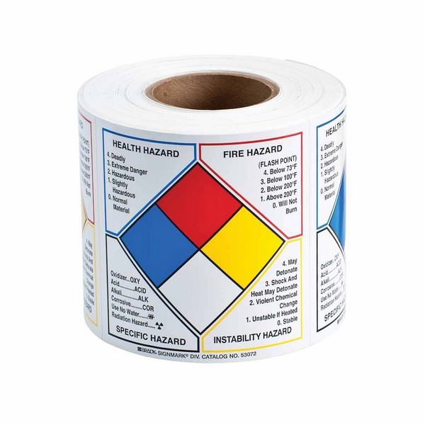 Write-On NFPA Label, Non-Reflective Self-Adhesive Square, 6 in Width, Legend: HEALTH HAZARD SPECIFIC HAZARD FIRE HAZARD INSTABILITY HAZARD, Black/Blue/Red/Yellow on White Legend/Background, B-946 Adhesive Vinyl Film, 500 per Roll Labels