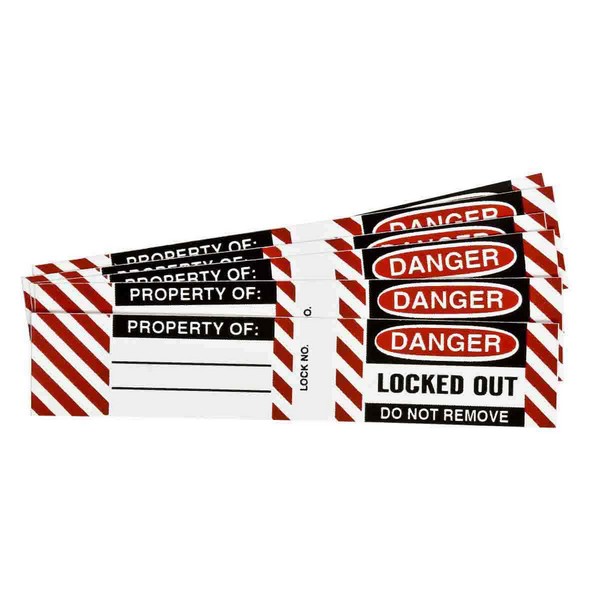 Write-On Padlock Label, Rectangular, 4-1/2 in Width, Legend: DANGER SIDE 1:DANGER LOCKED OUT DO NOT REMOVE / SIDE 2, Black/Red on White Legend/Background, B-826 Adhesive Vinyl Film, For Use With: Steel Padlock, 6 per Pack Labels