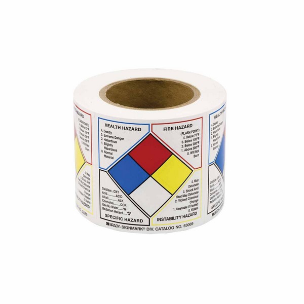 Write-On NFPA Label, Diamond Non-Reflective Self-Adhesive, 4 in Width, Legend: HEALTH HAZARD FIRE HAZARD SPECIFIC HAZARD INSTABILITY HAZARD, Black/Blue/Red/Yellow on White Legend/Background, B-235 Coated Paper, 500 per Roll Labels