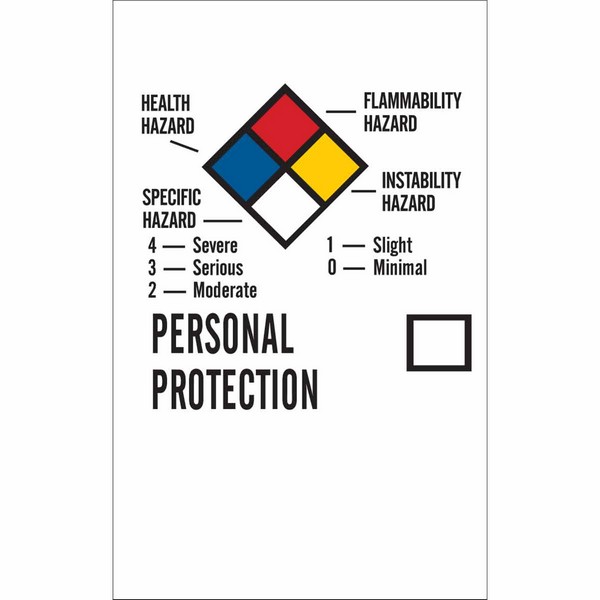 Write-On Laboratory Label, Non-Reflective Rectangular Self-Adhesive, 1-1/4 in Width, Legend: HEALTH HAZARD FLAMMABILITY HAZARD INSTABILITY HAZARD PERSONAL PROTECTION, Black/Blue/Red/Yellow on White Legend/Background, B-7569 Adhesive Vinyl Film, 500 per Roll Labels