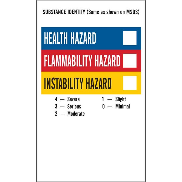 Write-On Safety Label, Non-Reflective Rectangular Self-Adhesive, 3 in Width, Legend: HEALTH FLAMMABILITY REACTIVITY, Black/Blue/Red/Yellow on White Legend/Background, B-235 Coated Paper, For Use With: Container, 500 per Roll Labels