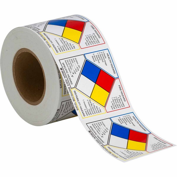 Write-On NFPA Label, Non-Reflective Self-Adhesive Square, 4 in Width, Legend: HEALTH HAZARD SPECIFIC HAZARD FIRE HAZARD INSTABILITY HAZARD, Black/Blue/Red/Yellow on White Legend/Background, B-946 Adhesive Vinyl Film, 500 per Roll Labels