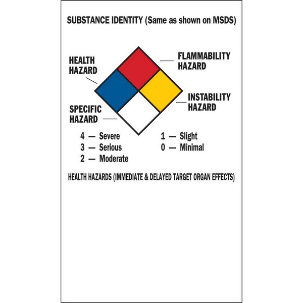 Write-On Safety Label, Rectangular Self-Adhesive, 3 in Width, Legend: SUBSTANCE IDENTITY, HEALTH HAZARDS, Black/Blue/Red/Yellow on White Legend/Background, B-235 Coated Paper, For Use With: Container, 500 per Roll Labels