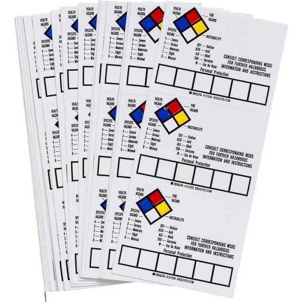 Write-On Chemical Label, Non-Reflective Rectangular Right-to-Know Self-Adhesive, 2 in Width, Legend: CONSULT CORRESPONDING MSDS FOR FURTHER HAZARDOUS INFORMATION AND INSTRUCTIONs, Black/Blue/Red/Yellow on White Legend/Background, B-7569 Adhesive Vinyl Film, For Use With: MiniMark®, and PowerMark® Printer, 50 per Pack Labels