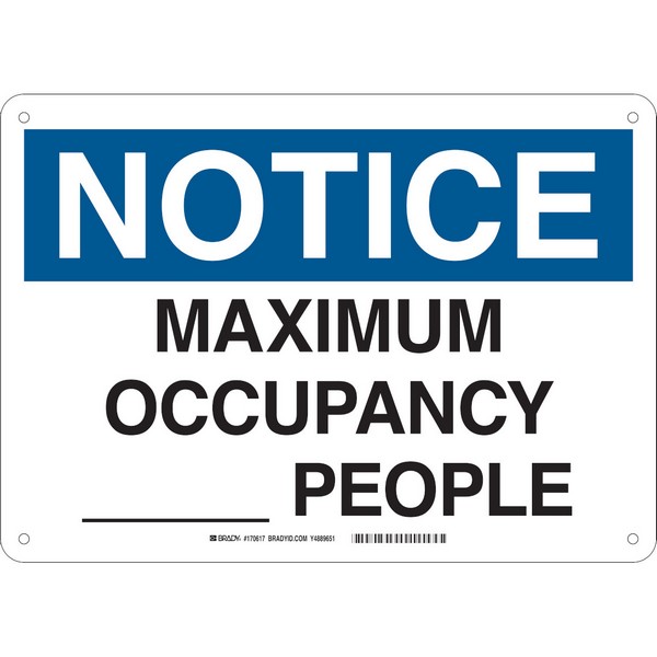 Write-On Safety Sign, Rectangle, Header: NOTICE, Language: English, Text Legend, Legend: MAXIMUM OCCUPANCY __ PEOPLE, B-401 Polystyrene, Corner Holes Mounting, 10 in Height, 14 in Width, Black/Blue on White Legend/Background