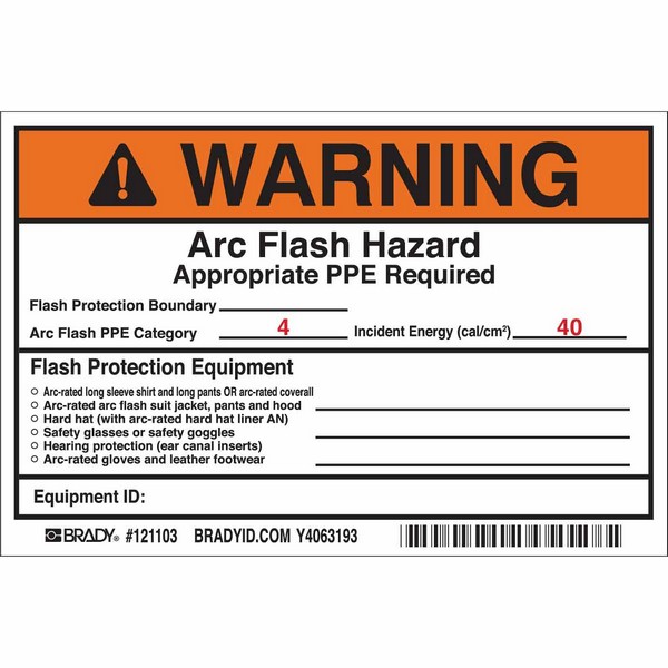 Write-On Arc Flash Label, Non-Laminated Non-Reflective Rectangular Self-Adhesive, 6 in Width, B-7569 Adhesive Vinyl Film, For Use With: Switchboard, Panelboard, Industrial Control Panel, Meter Socket Enclosure and Motor Control Center, 5 per Pack Labels