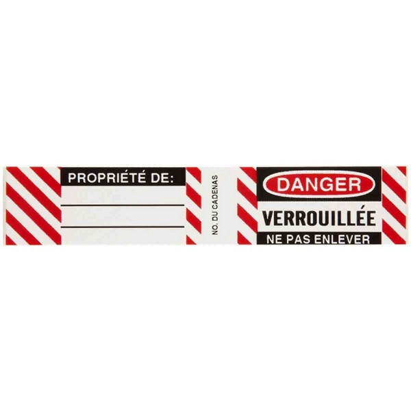 Write-On Padlock Label, Rectangular, 4-1/2 in Width, Legend: DANGER SIDE 1:DANGER VERROUILLEE NE PAS ENLEVER / SIDE 2, Black/Red on White Legend/Background, B-826 Adhesive Vinyl Film, For Use With: Steel Padlock, 6 per Pack Labels