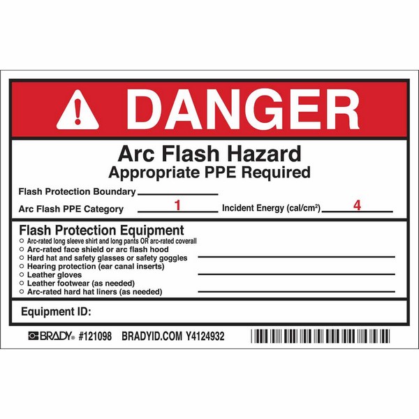 Write-On Arc Flash Label, Non-Laminated Non-Reflective Rectangular Self-Adhesive, 6 in Width, B-7569 Adhesive Vinyl Film, For Use With: Switchboard, Panelboard, Industrial Control Panel, Meter Socket Enclosure and Motor Control Center, 5 per Pack Labels