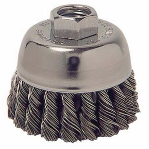 Cup Brush, 2-3/4 in Brush Dia, 3/8-24 UNF, Standard/Twist Knot Wire, 0.014 in Wire Dia, Steel Wire, 1 in Trim Length, 1 Rows, 14000 RPM Max