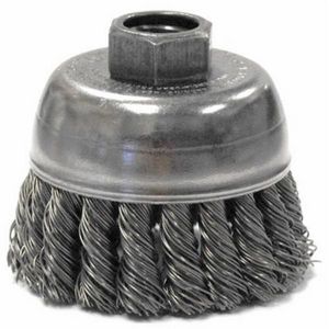 Cup Brush, 2-3/4 in Brush Dia, 1/2-13 UNC, Standard/Twist Knot Wire, 0.02 in Wire Dia, Steel Wire, 1 in Trim Length, 1 Rows, 14000 RPM Max
