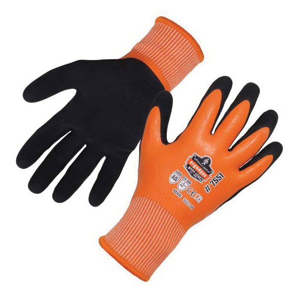 Winter Work Gloves, Waterproof, Series: 7551, Coated Glove, 2XL Size, Nitrile Palm, 13 ga Polyethylene, Orange, Dexterity/Superior Grip Style, 10 ga Soft Brushed Acrylic Fleece Lining, Knitwrist Cuff, Latex Coating, Full Coating Coverage, Resists: Abrasion, Cut, Cold and Puncture
