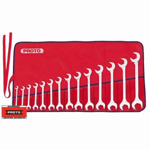 Wrench Set, Angled Head Open End, Imperial System of Measurement, 3/8 to 1-1/4 in, 14 Piece, 15 and 60˚ Head, Full Polished