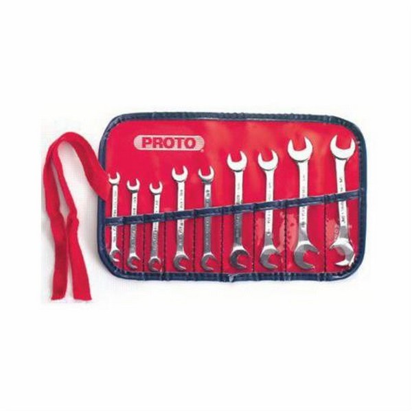 Wrench Set, Angled Head Short Standard Length Open End, Imperial System of Measurement, 7/32 to 1/2 in, 9 Piece, 15 and 75˚ Head, Satin