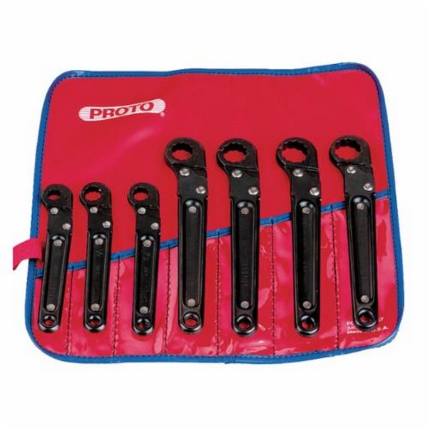 Wrench Set, Flare Nut Ratcheting, Imperial System of Measurement, 3/8 to 3/4 in, 7 Piece, 12 Point, Flare Nut, Box End Drive, Black Oxide