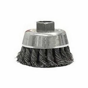 Cup Brush, 2-3/4 in Brush Dia, 5/8-11 UNC, Knot/Hurricane Twist Wire, 0.02 in Wire Dia, Steel Wire, 3/4 in Trim Length, 1 Rows, 14000 RPM Max